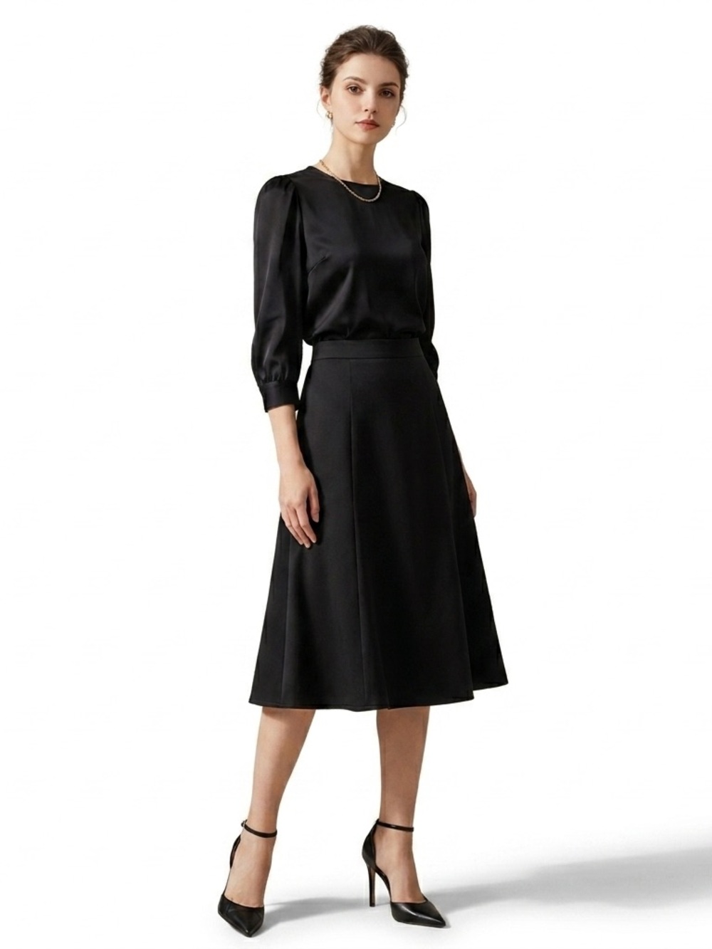 Classic Black Midi Skirt Elastic Waistband